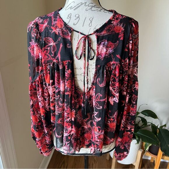 NEW Free People Anything Western Shirt Black Red Print Keyhole Back Sz S - Picture 3 of 9